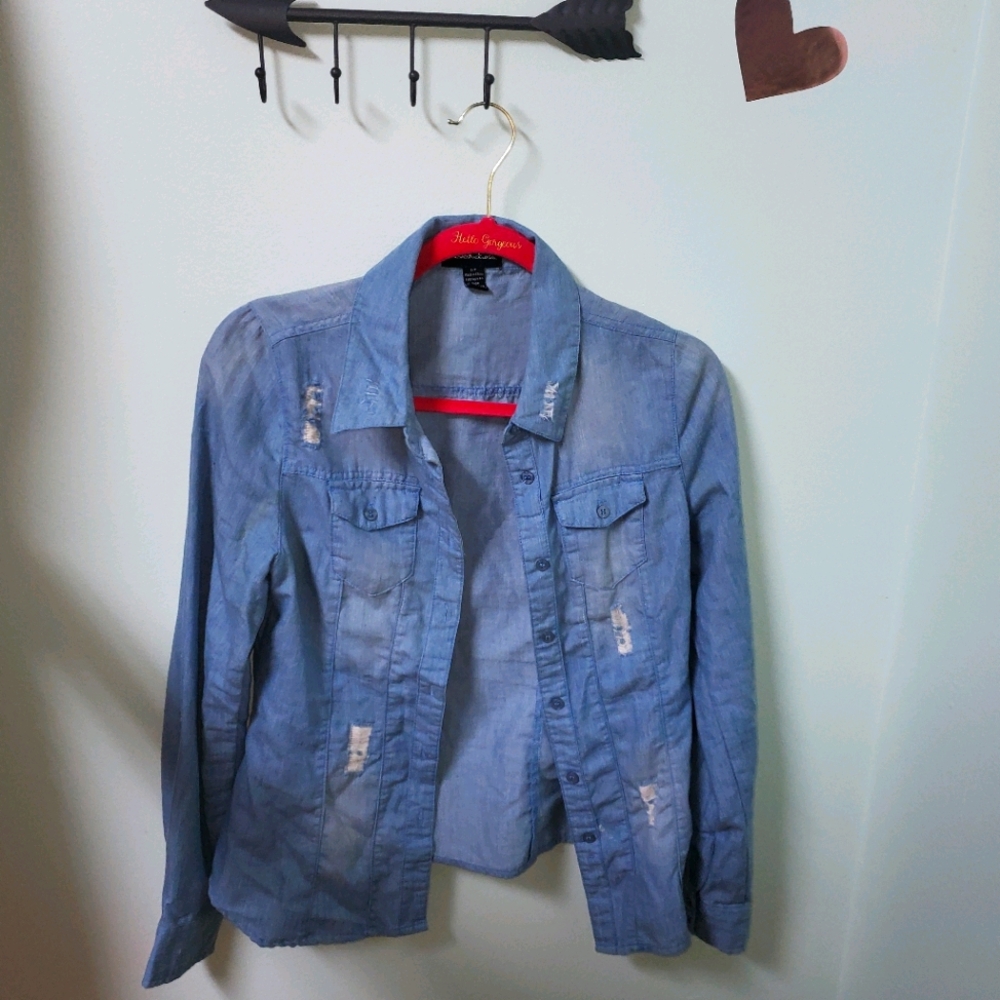 Distressed Denim Look Blouse Jacket Cardigan
